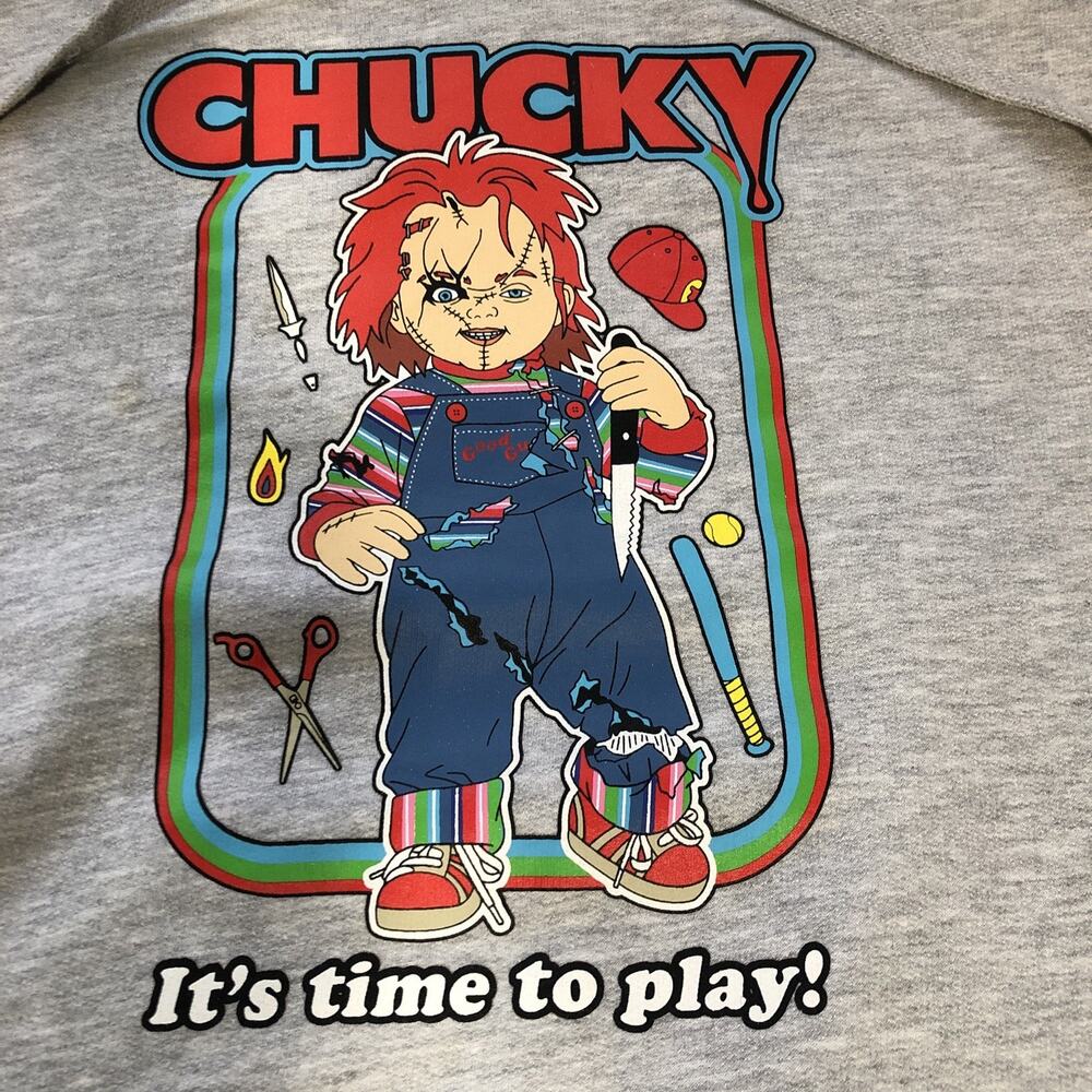 Chucky Doll Childs Play Movie Gray Hoodie Its Time To Play Halloween Mens Size L